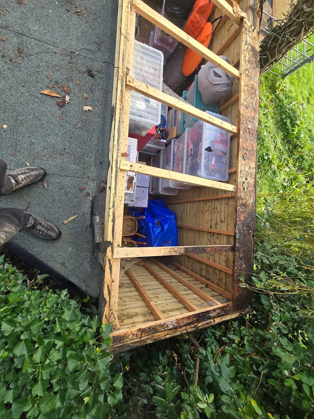 Strip Down — Old felt lifted — rotten timbers exposed.