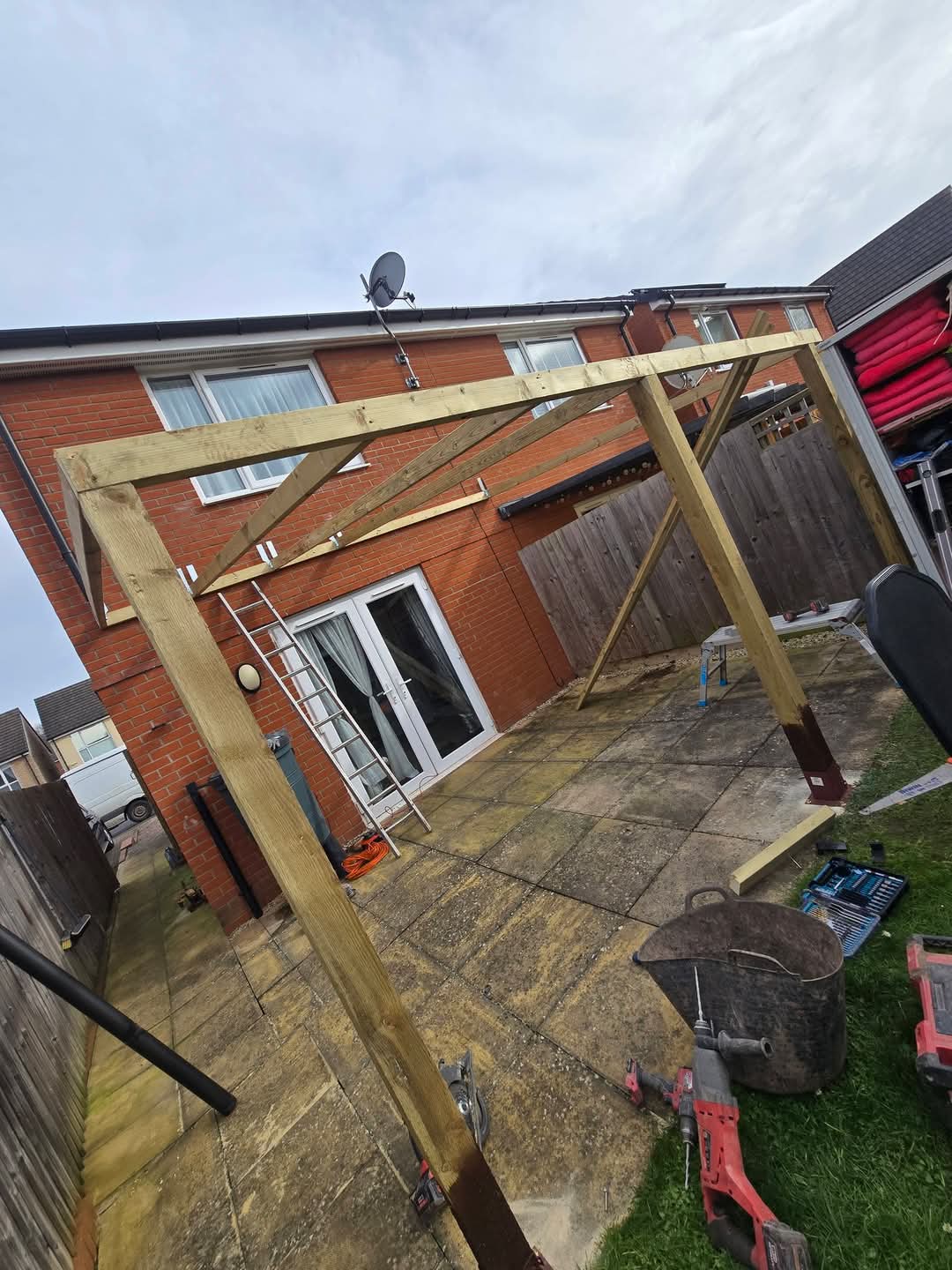 Tanalised timber frame for lean-to during construction