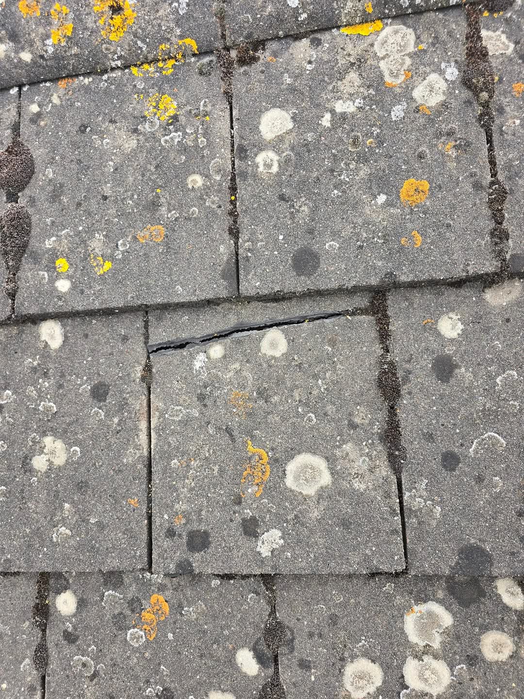 Cracked slipped tile on slate roof — before repair